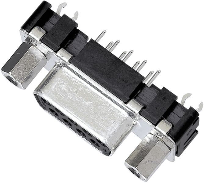 Nahaufnahme eines 9-poligen D-Sub-Anschlusses mit Metallgehäuse und Lötpins, verwendet für serielle Datenübertragung in der Elektronik.