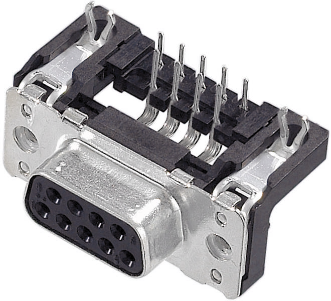 Nahaufnahme eines D-Sub-Steckverbinders mit neun Pins für elektrische Verbindungen in Computern und elektronischen Geräten.