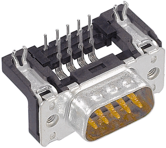 Ein rechteckiger D-Sub-Steckverbinder mit goldenen Stiften und schwarzen Kunststoffelementen, verwendet oft in elektronischen Geräten.
