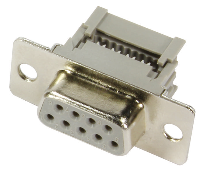 Ein silberner DB9-Seriensteckverbinder mit neun Pins und einem Metallgehäuse, häufig zur Datenübertragung in Geräten verwendet.