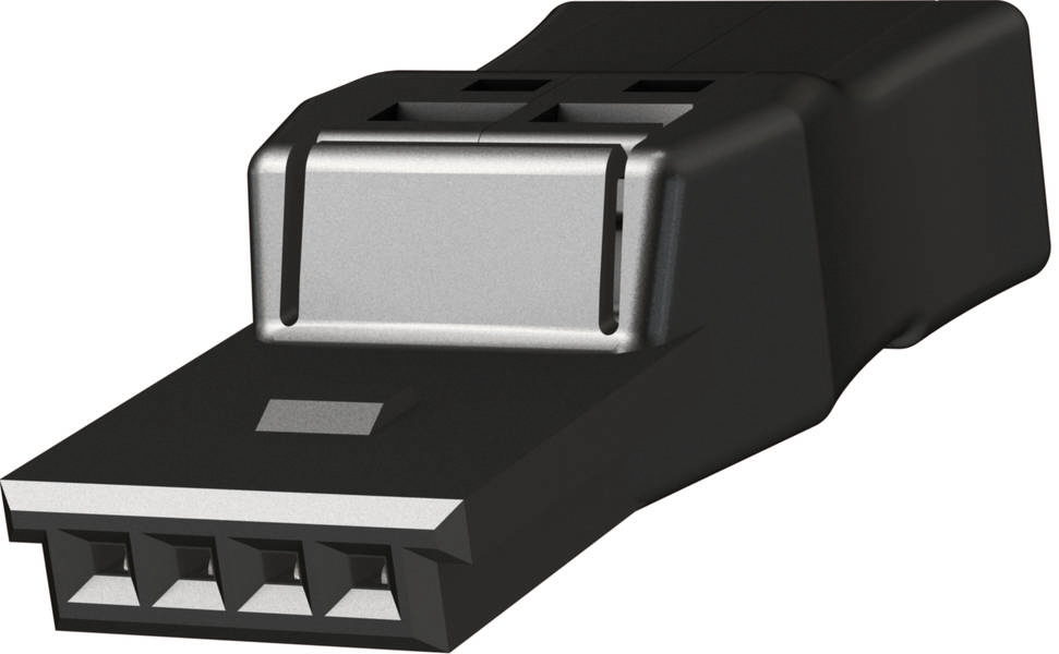 Nahaufnahme eines USB-Steckers mit schwarzem Gehäuse und silbernem Anschluss.