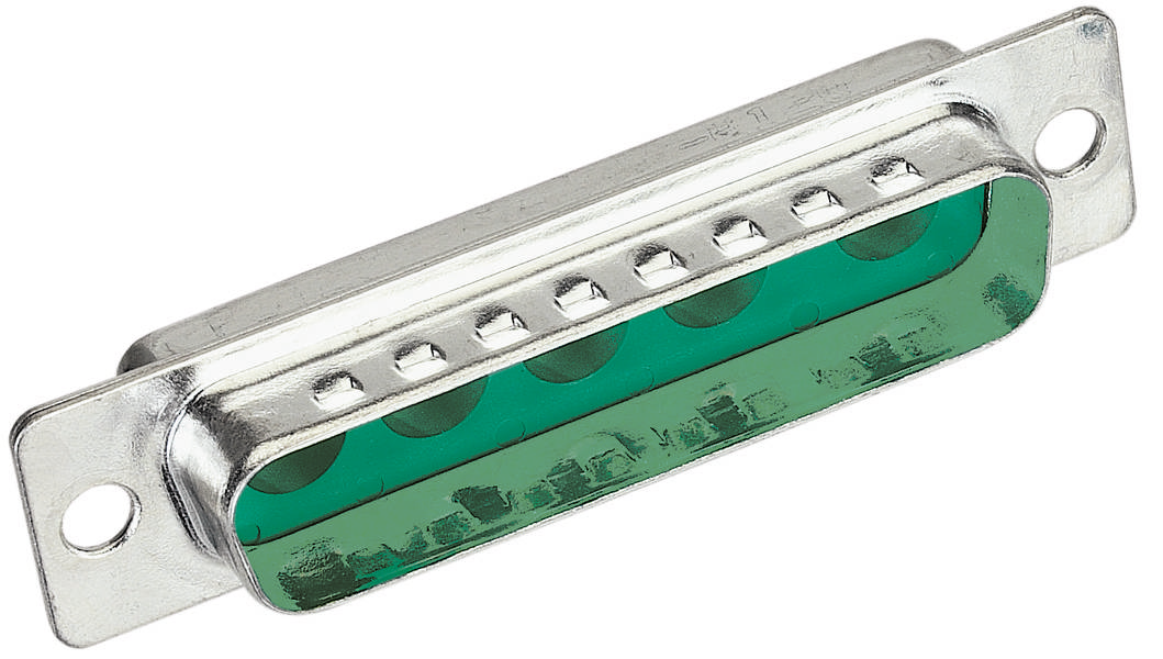 Ein rechteckiger metallischer Steckverbinder mit grüner Innenfläche und mehreren Kontaktpunkten.