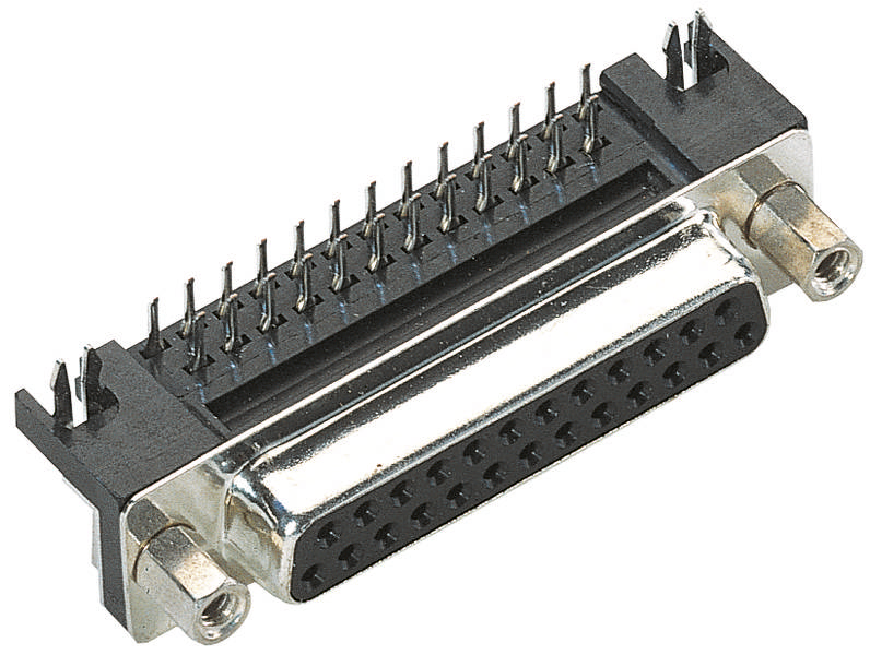 Ein DB-25-Stecker mit Metallrahmen und 25 Pins, verwendet für serielle Kommunikation bei Computern und elektronischen Geräten.