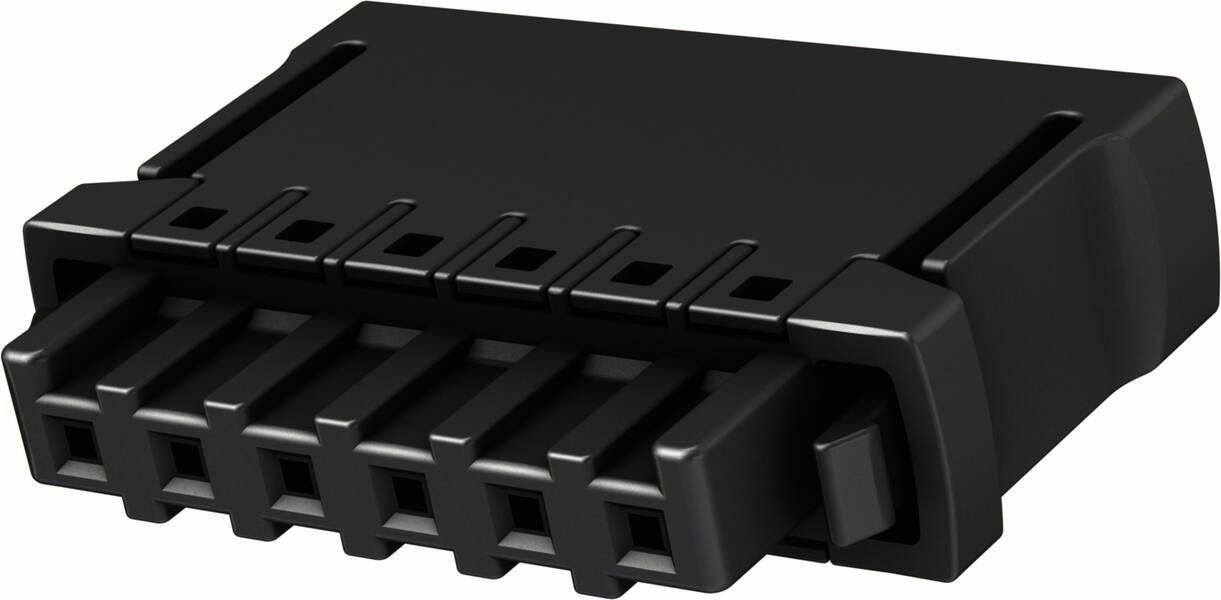 Schwarzer elektrischer Steckverbinder mit sechs quadratischen Anschlüssen. Rechteckige Form, vor allem in technischen Geräten verwendet.