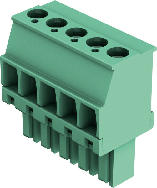 Grüner elektrischer Steckverbinder mit fünf Löchern für Kabelanschlüsse, seitliche Ansicht; dient zur Verbindung von Schaltkreisen.