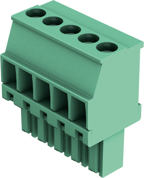 Grüner Steckverbinder mit fünf Anschlüssen. Verwendet für elektrische Verbindungen in elektronischen Geräten.