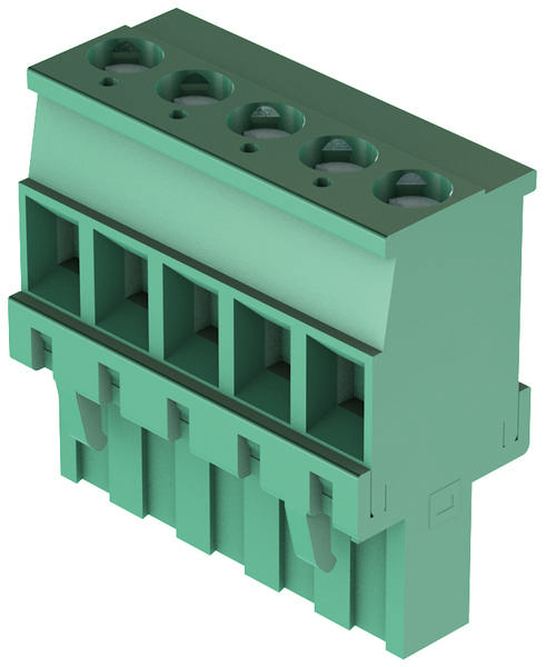 Ein grüner elektrischer Steckverbinder mit fünf Anschlussklemmen, geeignet für den Einsatz in elektronischen Geräten und Schaltschränken.