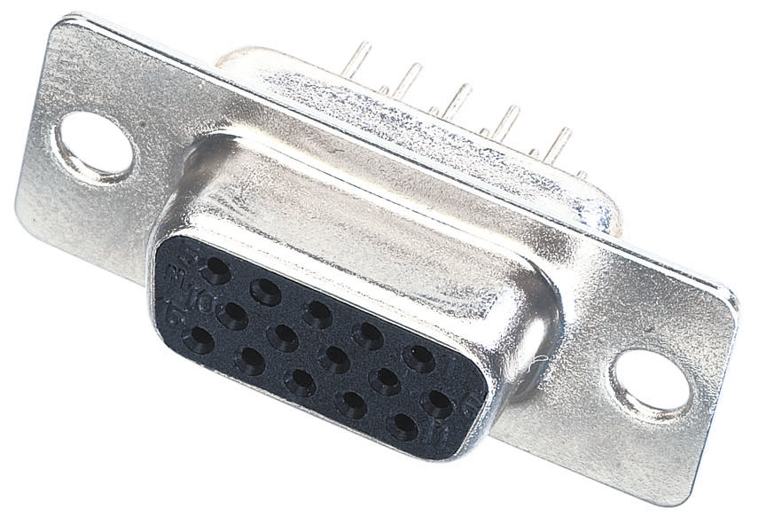 Metallischer D-Sub-Stecker mit 15 Pins und zwei Befestigungslöchern, typischerweise für analoge Video- oder serielle Verbindungen verwendet.