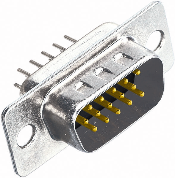 D-SUB-Stecker mit Metallgehäuse und sieben goldenen, nach vorne ragenden Stiften. Geeignet für Computernetzwerkverbindungen.