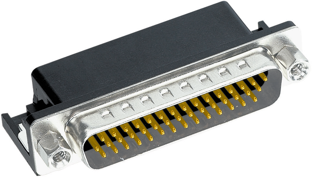 Ein D-Sub-Stecker mit mehreren goldenen Pins, verwendet für serielle Datenverbindungen in Elektronik- und Computeranwendungen.