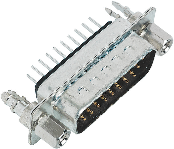 Ein silberner 15-poliger D-Sub-Stecker für computergestützte Verbindungen, mit zwei Schrauben an den Seiten zur Befestigung.