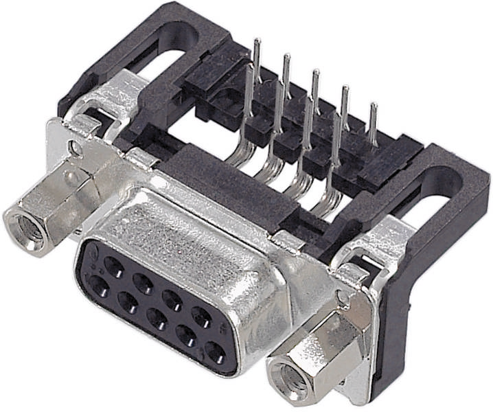 Ein DB9-Stecker mit neun Pins, typischerweise für serielle Schnittstellen verwendet, auf weißem Hintergrund.