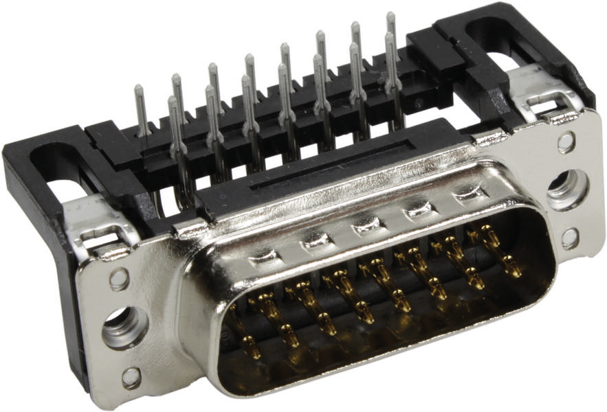 Ein D-Sub-Stecker mit Metallgehäuse und mehreren Goldpins zur elektrischen Verbindung, häufig in Computerhardware verwendet.