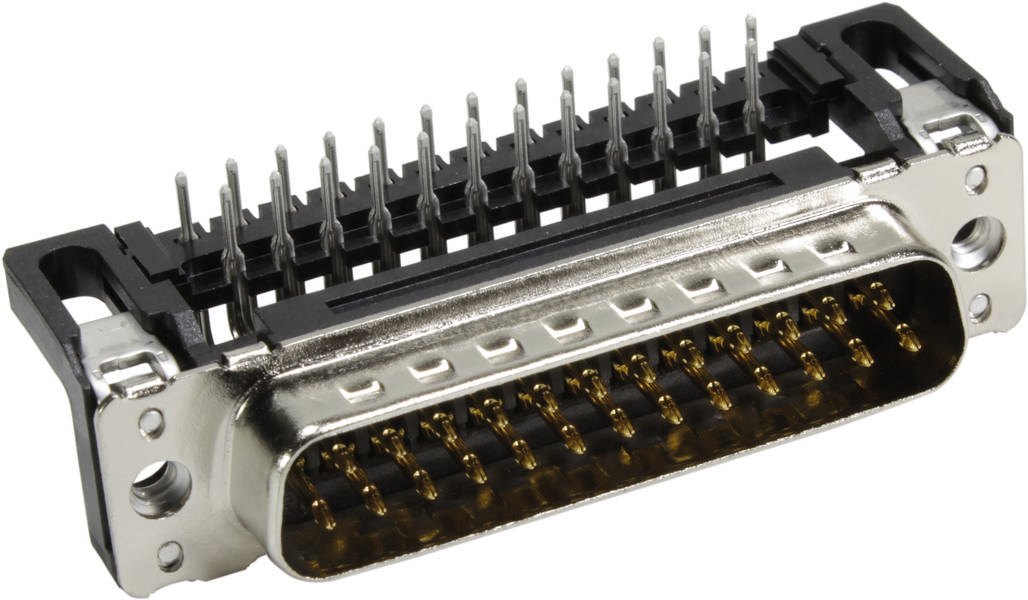 Nahaufnahme eines DB25-Steckers mit Metallgehäuse und goldenen Kontakten, verwendet für serielle oder parallele Schnittstellenverbindungen.