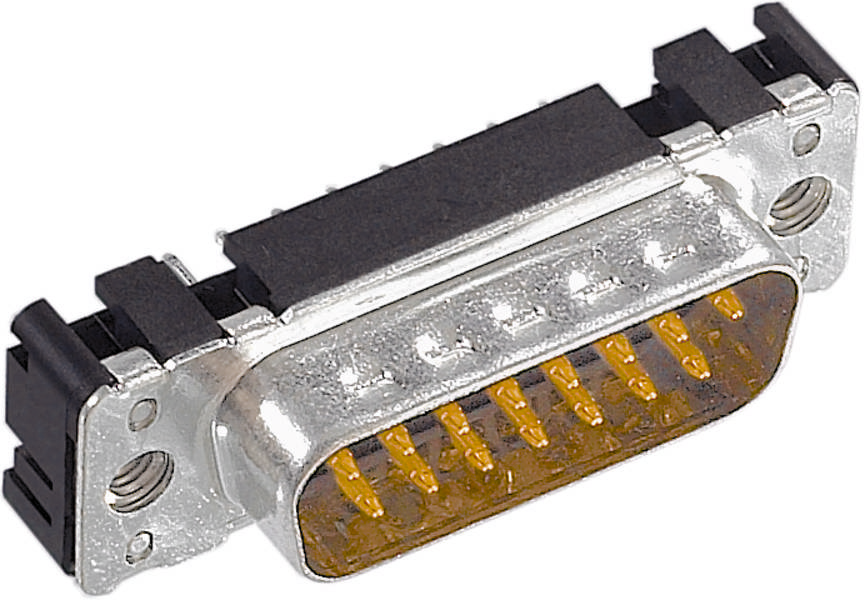 Ein silberner D-Sub-Stecker mit neun goldfarbenen Pins, typischerweise verwendet für serielle Schnittstellen an Computern und Geräten.
