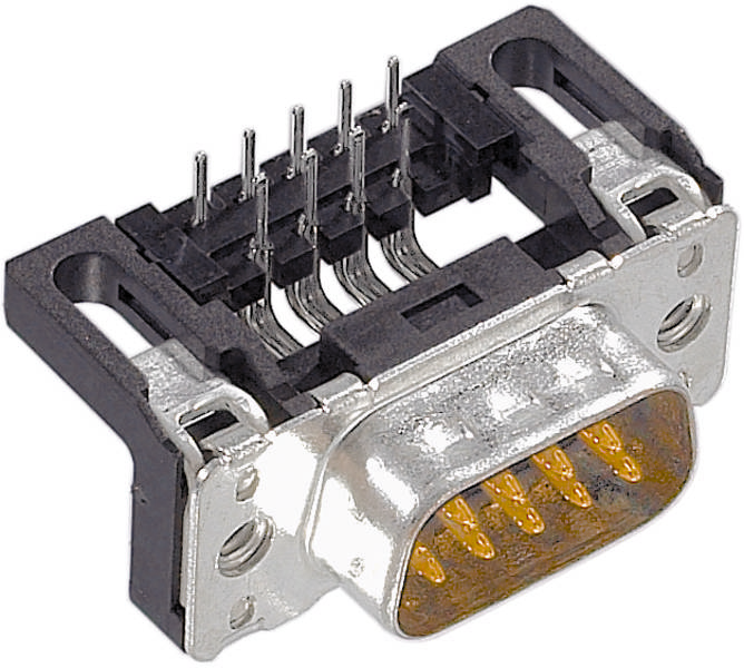 Ein rechteckiger, neunpoliger D-Sub-Stecker mit silbernem Gehäuse und schwarzen Kunststoffelementen.