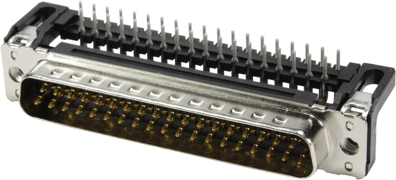 Ein 68-poliger SCSI-Stecker mit Metallgehäuse und zwei Schraubenlöchern an den Enden. Geeignet zur Datenübertragung in Computernetzwerken.