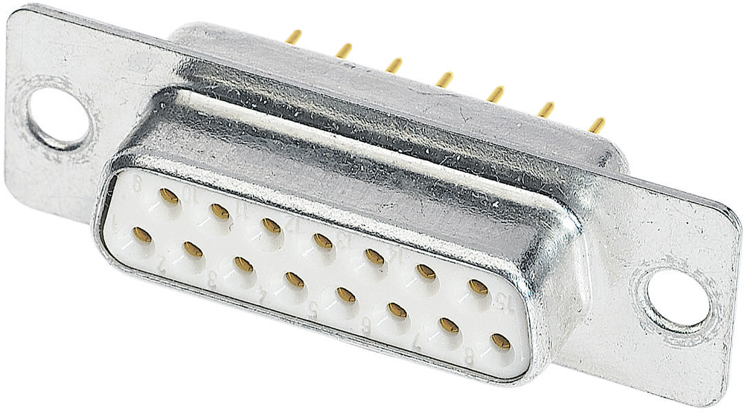 Ein 15-poliger D-Sub-Stecker, oft zur Verbindung von Computerausstattung verwendet. Metallgehäuse mit zwei Montageösen.