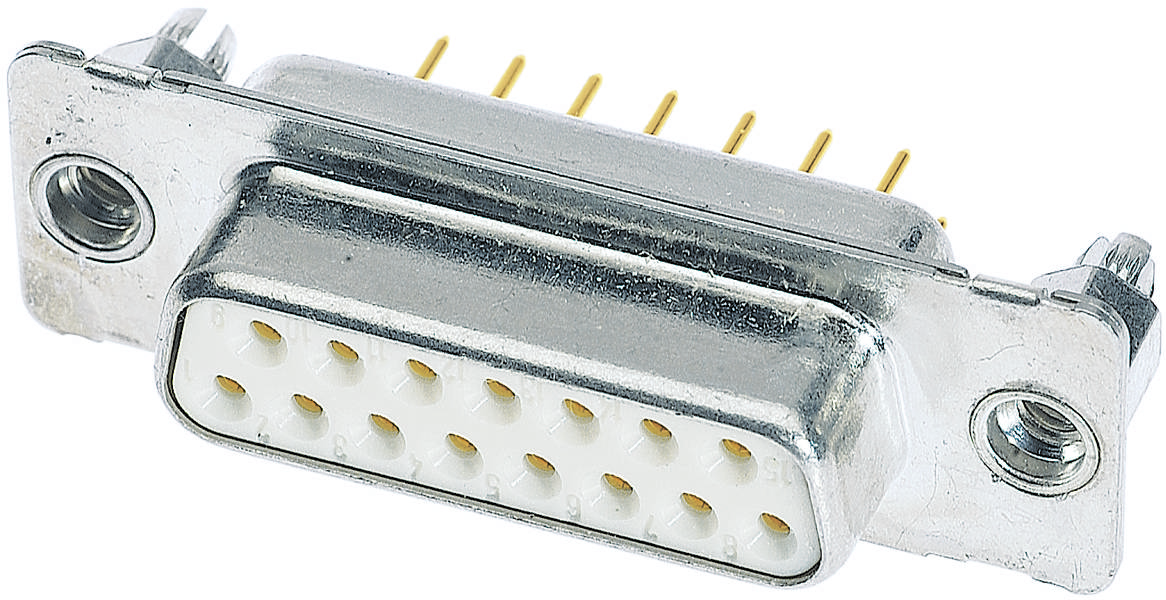 Metallstecker mit 15 Löchern in drei Reihen, zwei Schraubanschlüsse an den Seiten. Wird häufig für VGA- oder ältere Computerschnittstellen verwendet.
