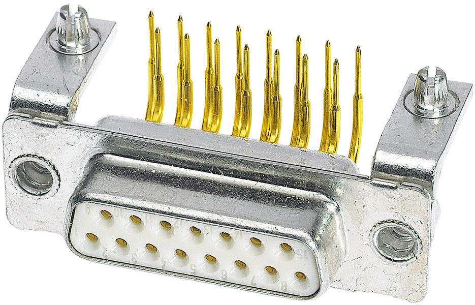Ein D-Sub-Stecker mit 15 goldenen Pins, geeignet für elektronische Verbindungen, mit zwei Befestigungslöchern an den Seiten.