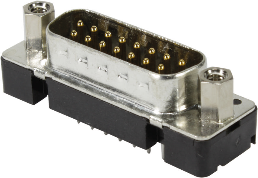 Ein silberner D-Sub-Buchsenstecker mit 15 Pins, zum Anschluss elektronischer Geräte und zur Datenübertragung geeignet.