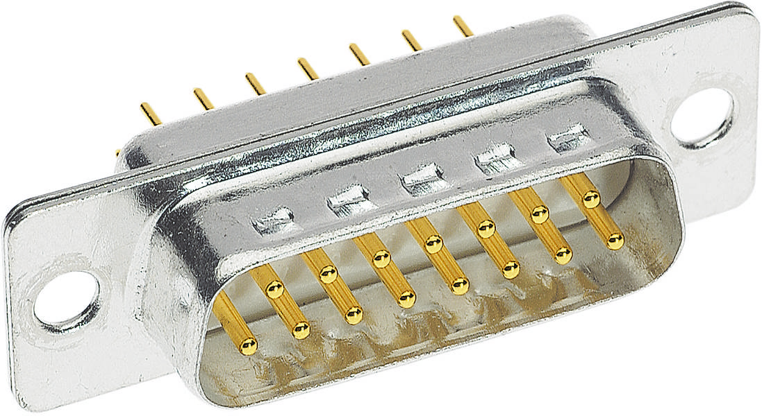 Ein DB-15-Stecker mit 15 goldenen Stiften in einem Metallgehäuse, verwendet für analoge Verbindungen in Computern und Geräten.