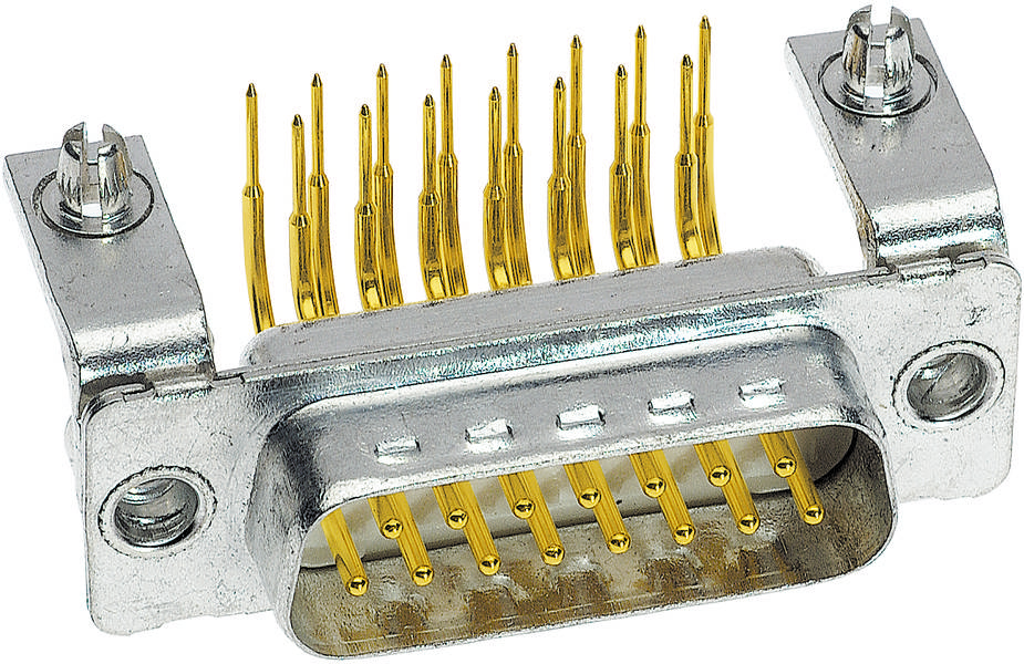 Metallischer Steckverbinder mit 15 goldfarbenen Pins, Typ D-Sub, für elektronische Verbindungen geeignet.
