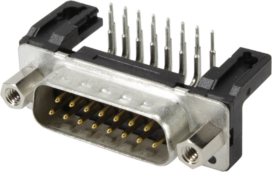 Ein 15-poliger D-Sub-Stecker mit Metallgehäuse und Anschlussstiften, meist zur Verbindung in elektronischen Geräten verwendet.
