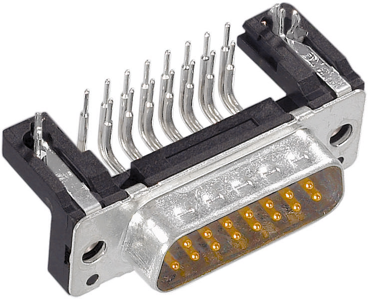 D-Sub-Stecker mit silbernem Gehäuse und mehreren goldenen Stiften, häufig in Computer- und Elektronikverbindungen verwendet.