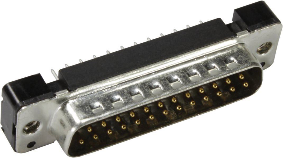 Ein 25-poliger D-Sub-Stecker, häufig für serielle Schnittstellen in Computernetzwerken und Kommunikationsausrüstung verwendet.
