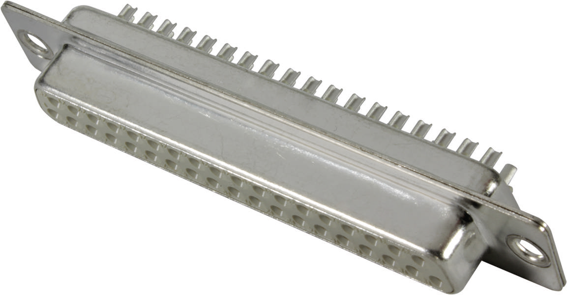 Ein silberner, rechteckiger elektrischer Steckverbinder mit vielen kleinen Pins.