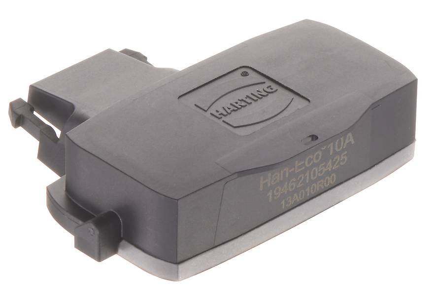 Schwarzes, rechteckiges elektrisches Bauteil mit der Aufschrift 'Han-Eco 10A' und weiteren technischen Daten.