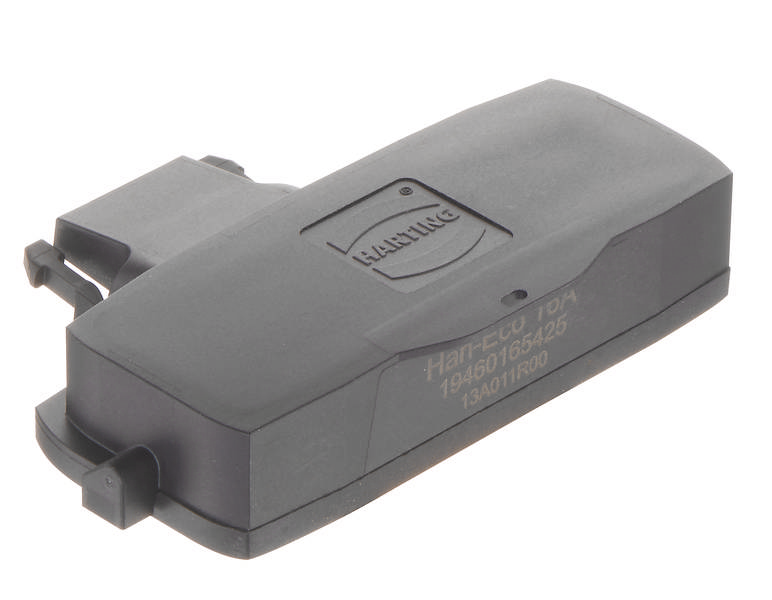 Ein schwarzes elektronisches Gerät mit einem Harting-Logo und der Aufschrift 'Han-Eco 10A 19460181545'.