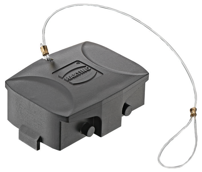 Schwarzes, rechteckiges elektrisches Gehäuse mit einem Sicherungsdraht an der Seite.