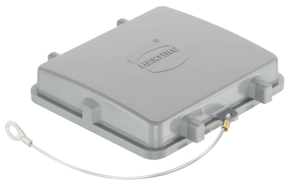 Graues, rechteckiges Gehäuse mit dem HARTING-Logo auf der Oberfläche. Ein Kabel ist an der Vorderseite angeschlossen.