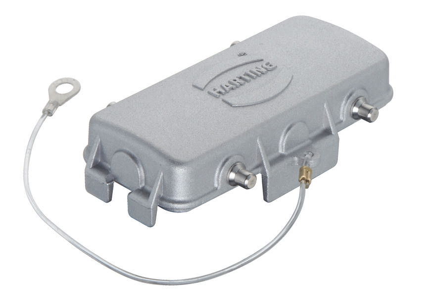 Metallisches Bauteil mit zwei Anschlüssen und einem Kabel, vermutlich ein elektrisches oder mechanisches Teil, auf weißem Hintergrund.