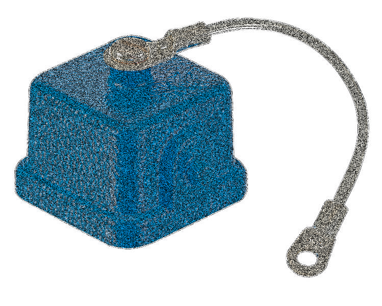 Ein blauer, eckiger Abdeckschutz mit silbernem Anschlusskabel, vermutlich für eine technische Komponente oder ein Gerät.