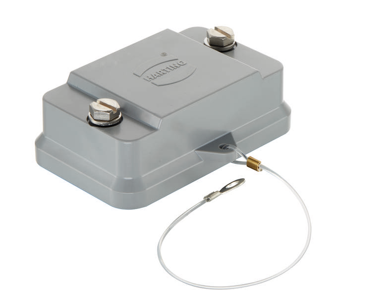 Grauer, rechteckiger Sensor mit Schraubbefestigungen und befestigtem Metallkabel.