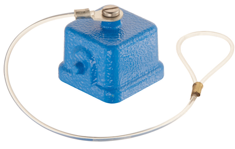 Ein blauer, quadratischer Magnetfuß mit einem transparenten, gebogenen Kabel, das an einer Metallklammer endet.