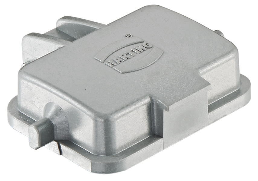 Ein silbernes Gehäuse, rechteckig mit abgerundeten Kanten, trägt das Logo 'HARTING'. Es dient vermutlich zur Aufnahme von Elektronik.