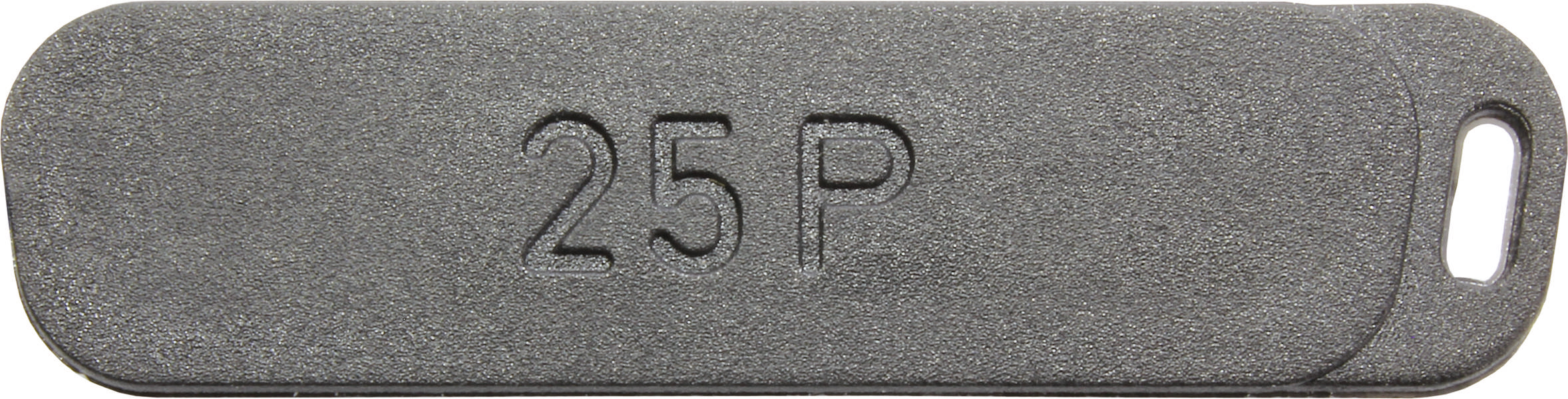 Ein rechteckiger, grauer Magnet mit der Aufschrift '25 P' in der Mitte. Auf der rechten Seite befindet sich ein ovales Loch.