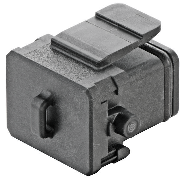 Ein rechteckiges, schwarzes, technisches Bauteil mit zwei herausragenden Clips, vermutlich ein Teil eines elektronischen Geräts.