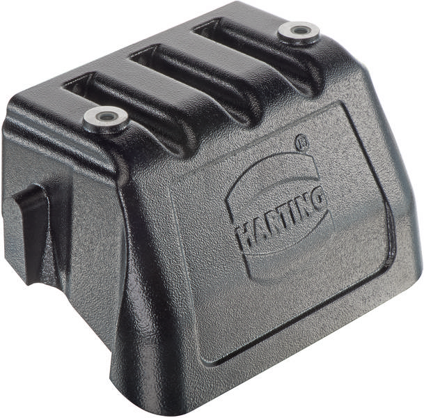 Schwarzes rechteckiges Bauteil mit 'Harting' Logo auf der Front, strukturiertem Gehäuseoberfläche und zwei silbernen Schrauben oben.
