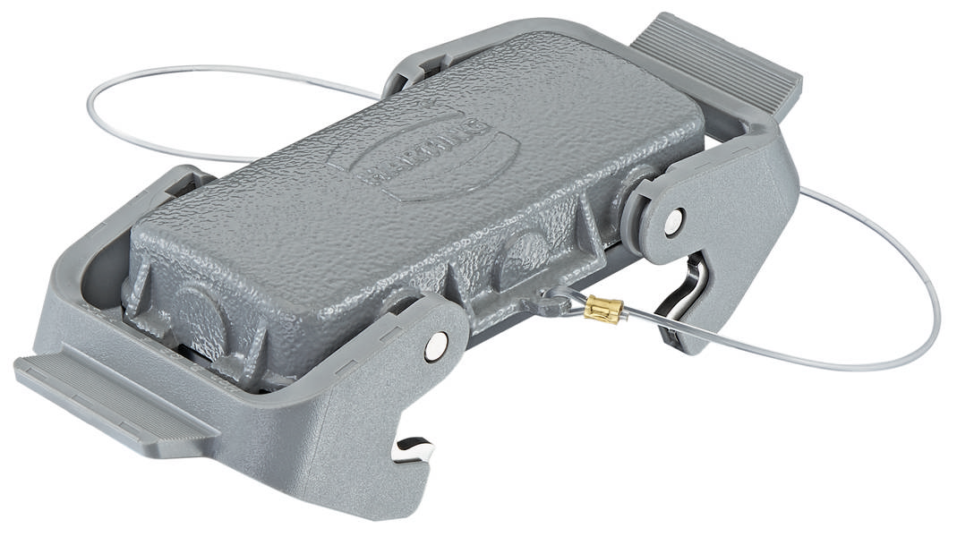 Industrieller Stecker: Robustes graues Gehäuse mit Verschlussmechanismus, geeignet für starke industrielle Verbindungen.