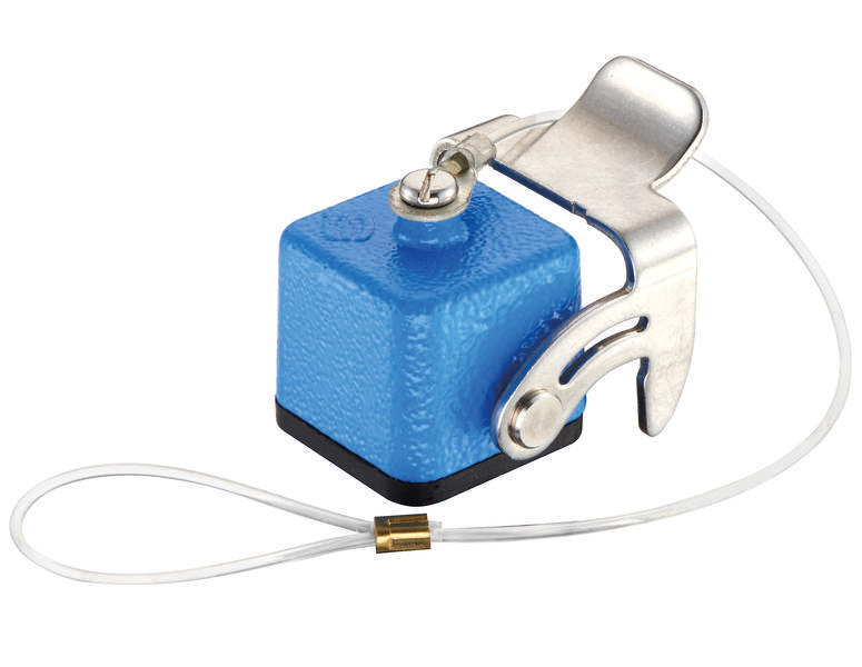 Blauer Kabelisolator mit Edelstahlhaken und Drahtschlaufe für elektrische Installationen.