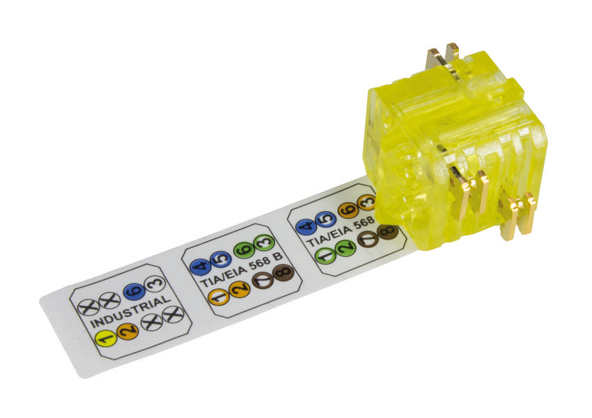 Ein gelber Ethernet-Stecker zeigt eine Belegungsanleitung mit Farbcodes für TIA/EIA 568A, TIA/EIA 568B und 'Industrial'.