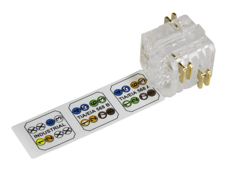 Transparenter RJ45-Stecker mit farbigem Schaltplanetikett für Kabelkonfigurationen TIA/EIA-568A, TIA/EIA-568B und Industrial.