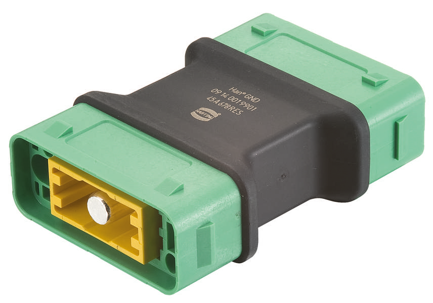 Ein rechteckiger, grüner und schwarzer elektrischer Steckverbinder mit gelbem Innenraum, auf einem weißen Hintergrund.
