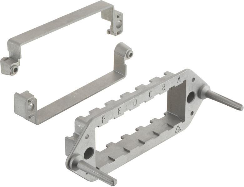 Metallische Halterung und Einbaurahmen, möglicherweise für elektronische Komponenten, mit Buchstaben 'A' bis 'F' markiert.