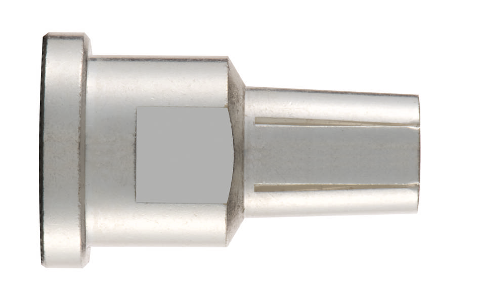 Metallischer Adapterstecker mit geriffeltem Ende, zum Verbinden von Kabeln oder Rohren, auf weißem Hintergrund.